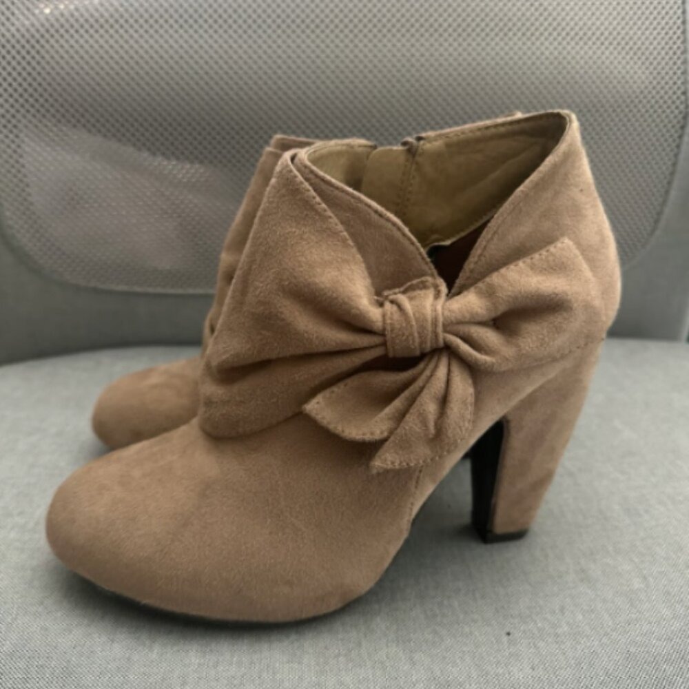 Tan Faux Suede Bow Ankle Boots High Block‎ Heel Booties Size L
